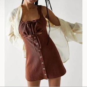 FREE PEOPLE BEACH Button Front Mini Dress Brown Ribbed Knit Sleeveless X-Small